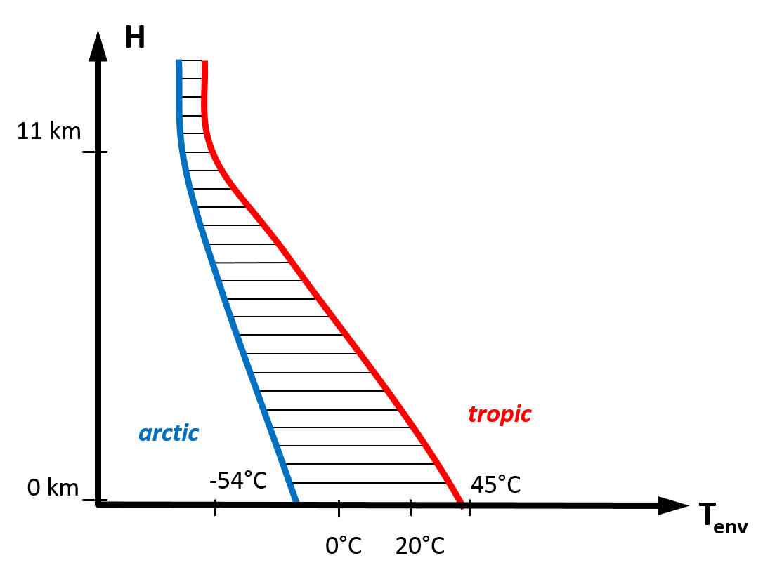 Diagram showing Typical Environmental Temperatures depending on Height above Sea Level
