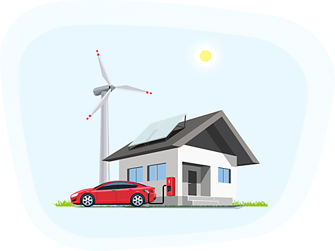 Image of Electric Vehicle Charging at House with Solar Panels and Windmill nearby