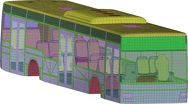 Image of Finite Element Mesh of MAN Lion's City Bus as used for Simulation with THESEUS-FE