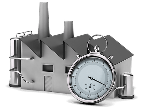 工厂和秒表的模型显示象征工艺时间优化的图像